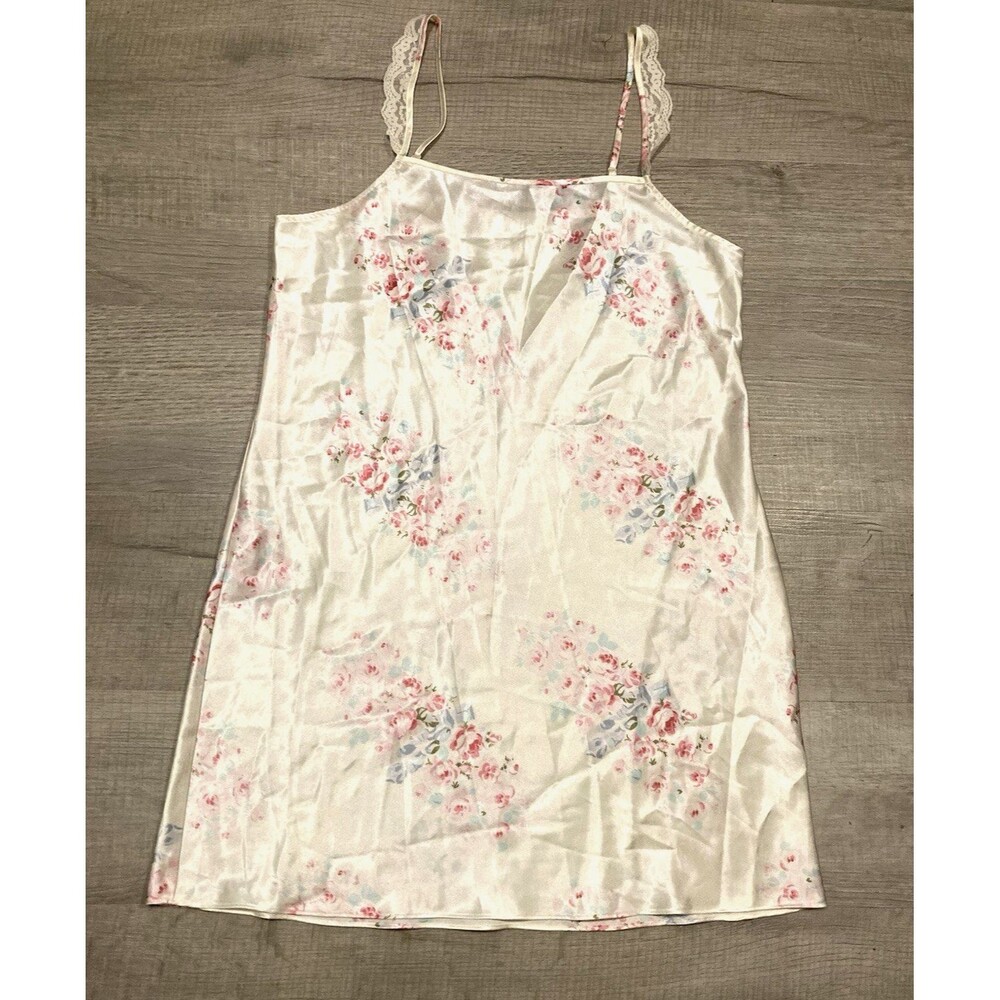 Victorias Secret PINK Ivory Floral Satin Slip Dress Womens M Nightie